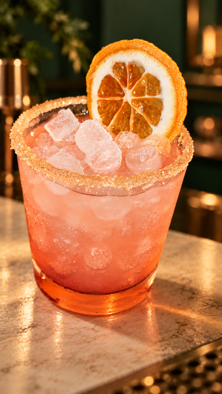 Coral-colored mocktail over ice in a rimmed rocks glass with an orange garnish