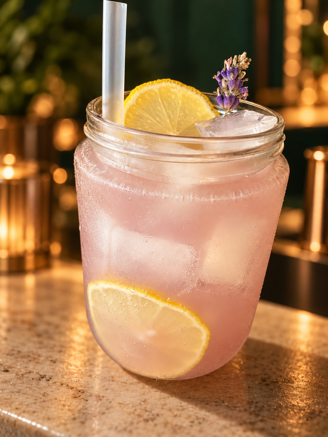 Pale pink mocktail over ice in a mason jar, garnished with lemon and lavender