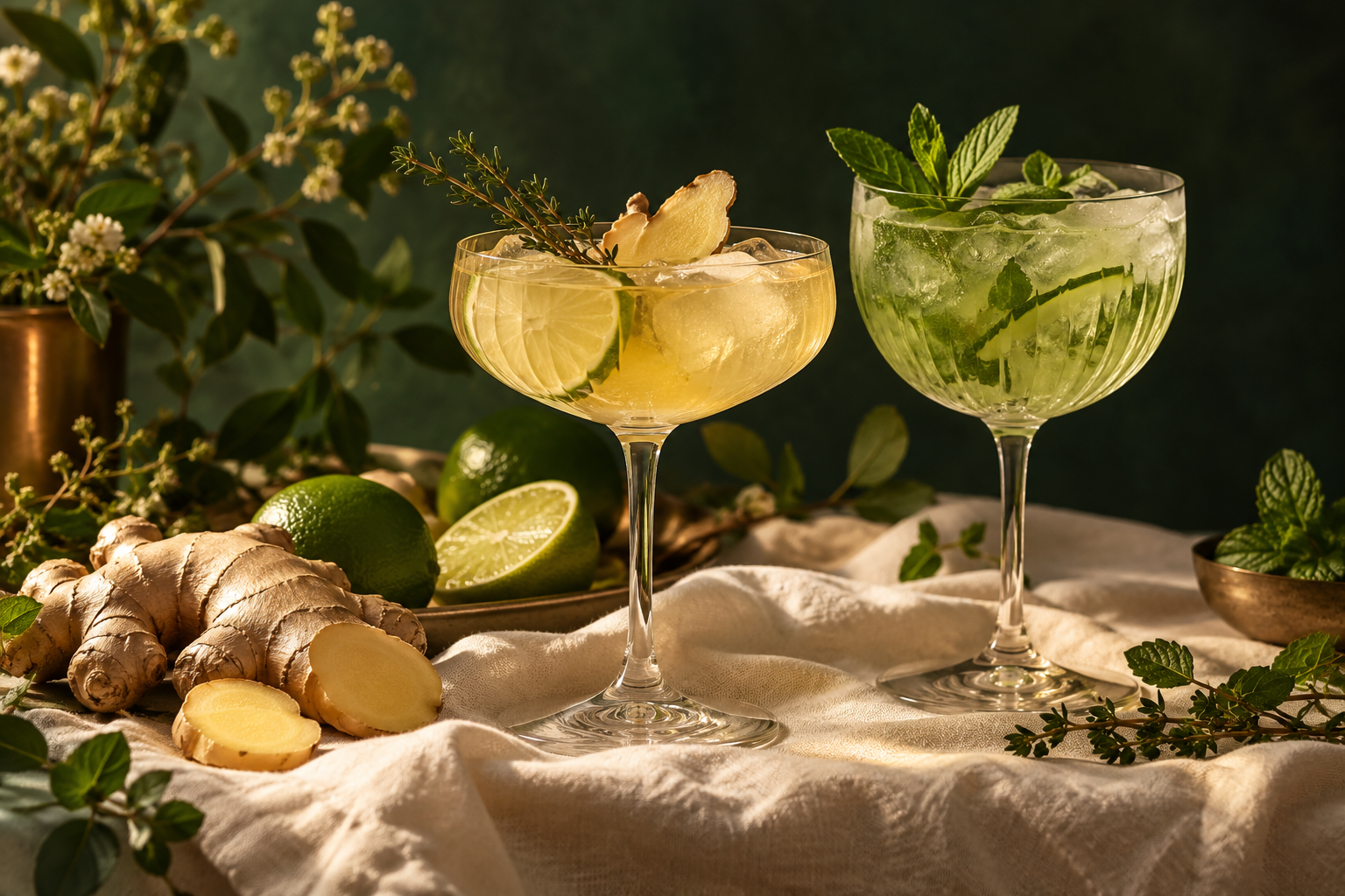 Botanical mocktails with fresh ginger, lime, and herbs