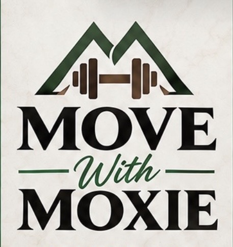 MOVE With Moxie logo with green mountains and a dumbbell
