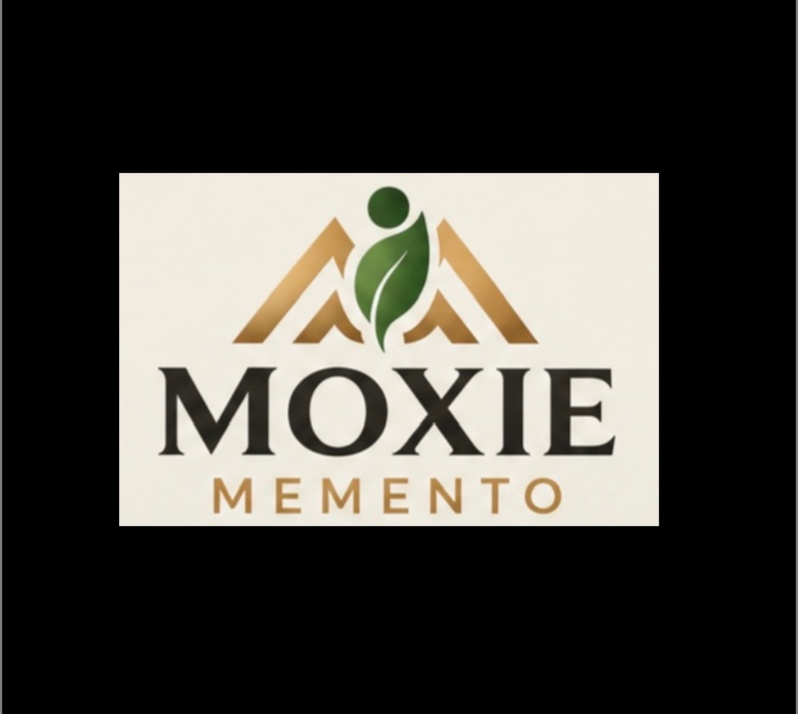 Moxie Memento logo with golden mountains and a green leaf